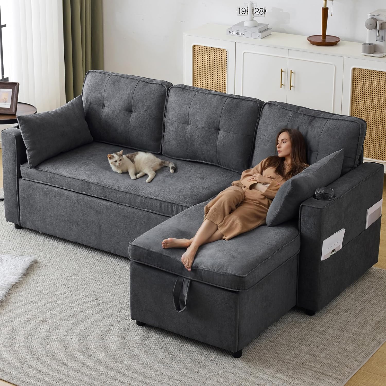bäddsoffa med sovfunktion, U-formad soffa, stoppad soffa, bomulls- och linnetyg, med mugghållare, två förvaringsutrymmen, lämplig för familjer, vardagsrum och andra platser (grå + 3(Grey + 3 Seater)