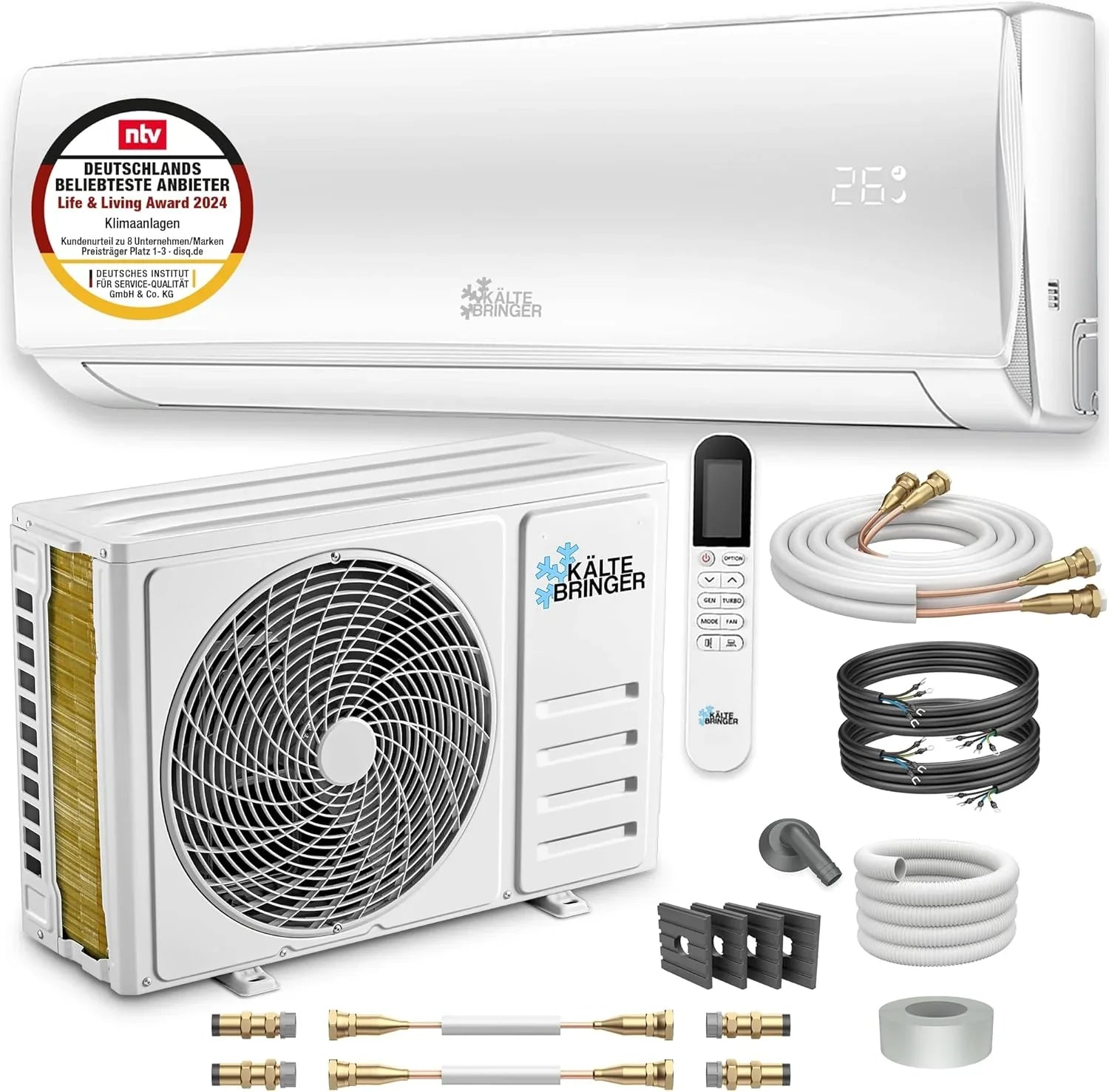 Kältebringer Split Klimaanlage Quick Connect - 12000 BTU (3,4 kW) Klimagerät mit Heizfunktion, WiFi  App, bis 91qm, sehr leise - 5m Kupferleitung, Kältemittel R32, Montagematerial, Wandhalterung(ohne Befestigung)