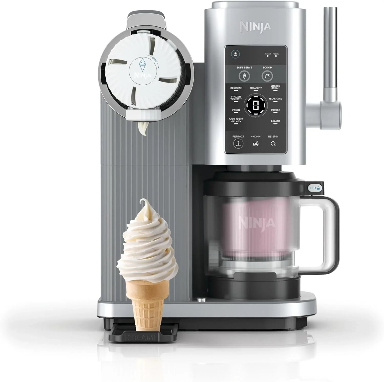 Ninja CREAMI mjukglassmaskin med scoop och virvel, 2 bägare, 13 funktioner, glass, mjukglass, gelato, sorbet, milkshake och mer, tillsatser, silver, NC701EU